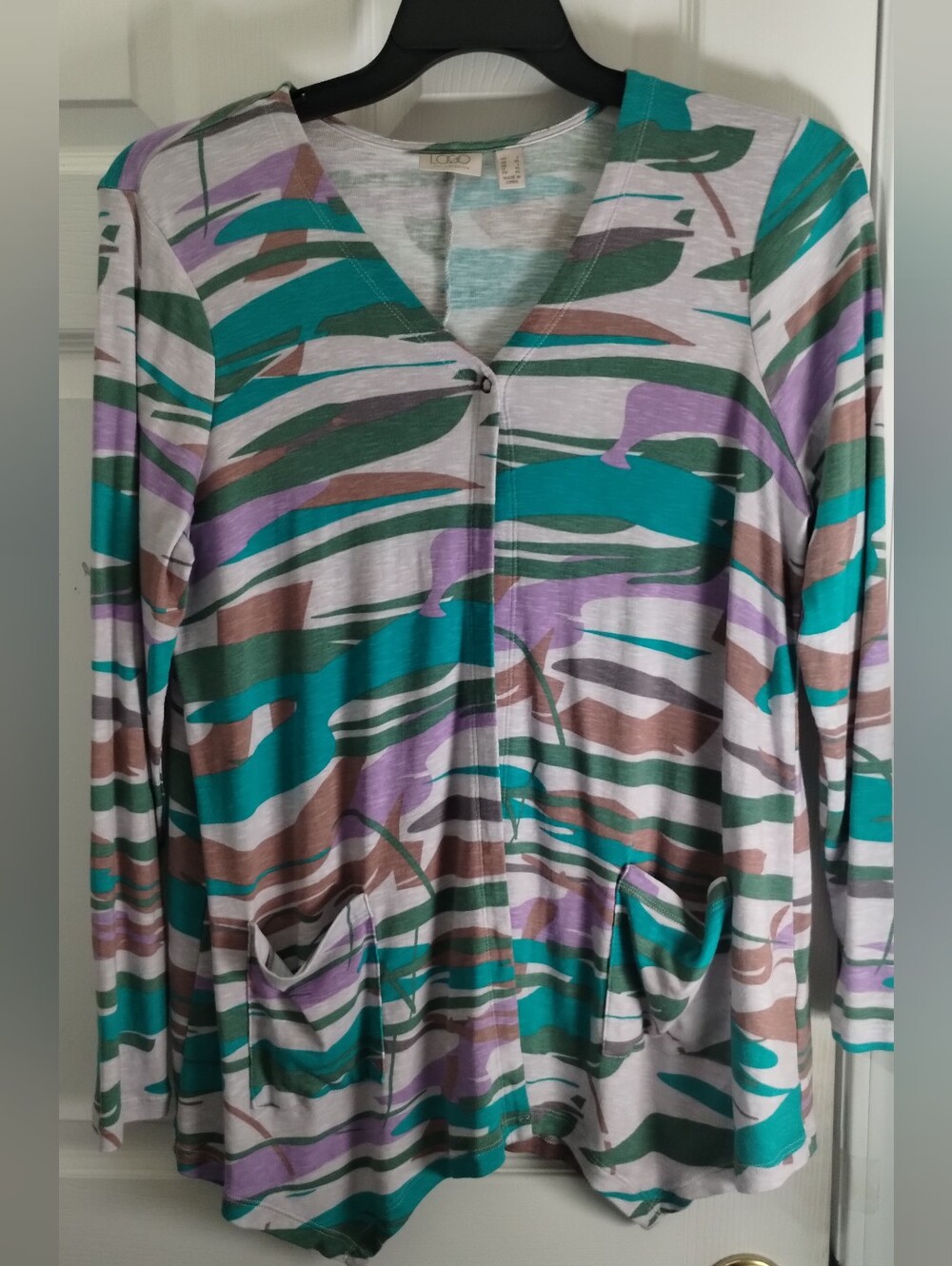 LOGO Women's Teal & Lavender Printed Long Sleeve Cardigan Top/ Modal Blend